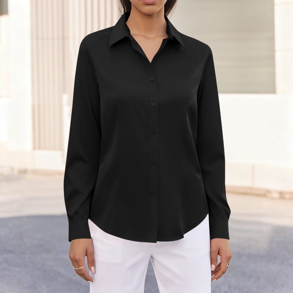 Women's Dress Shirts Long Sleeve Fashion Button Down Work Shirt Loose Trendy Lapel Business Blouse Lightweight Solid Color Tops