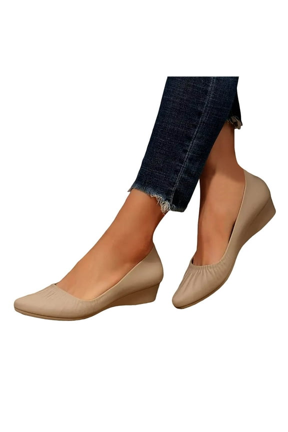 Women's Dress Shoes Wedge Mid Heels for Ladies Fashion Formal Leather Pointy Toe Slip on Pumps Work Loafers