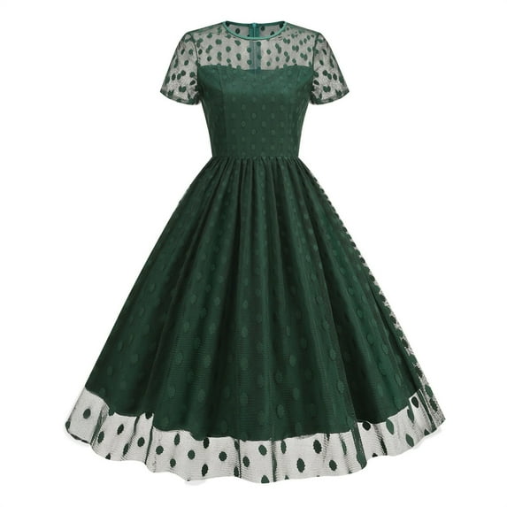 Women's Dress Short Sleeve Polka Dot Mesh A Line Vintage Midi Dress for Evening Olive Green XL