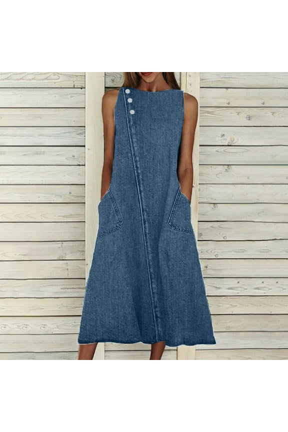 Women's Dress Sleeveless Casual Denim Dress Round Neck Vintage Overall Buttons Solid Color Dress