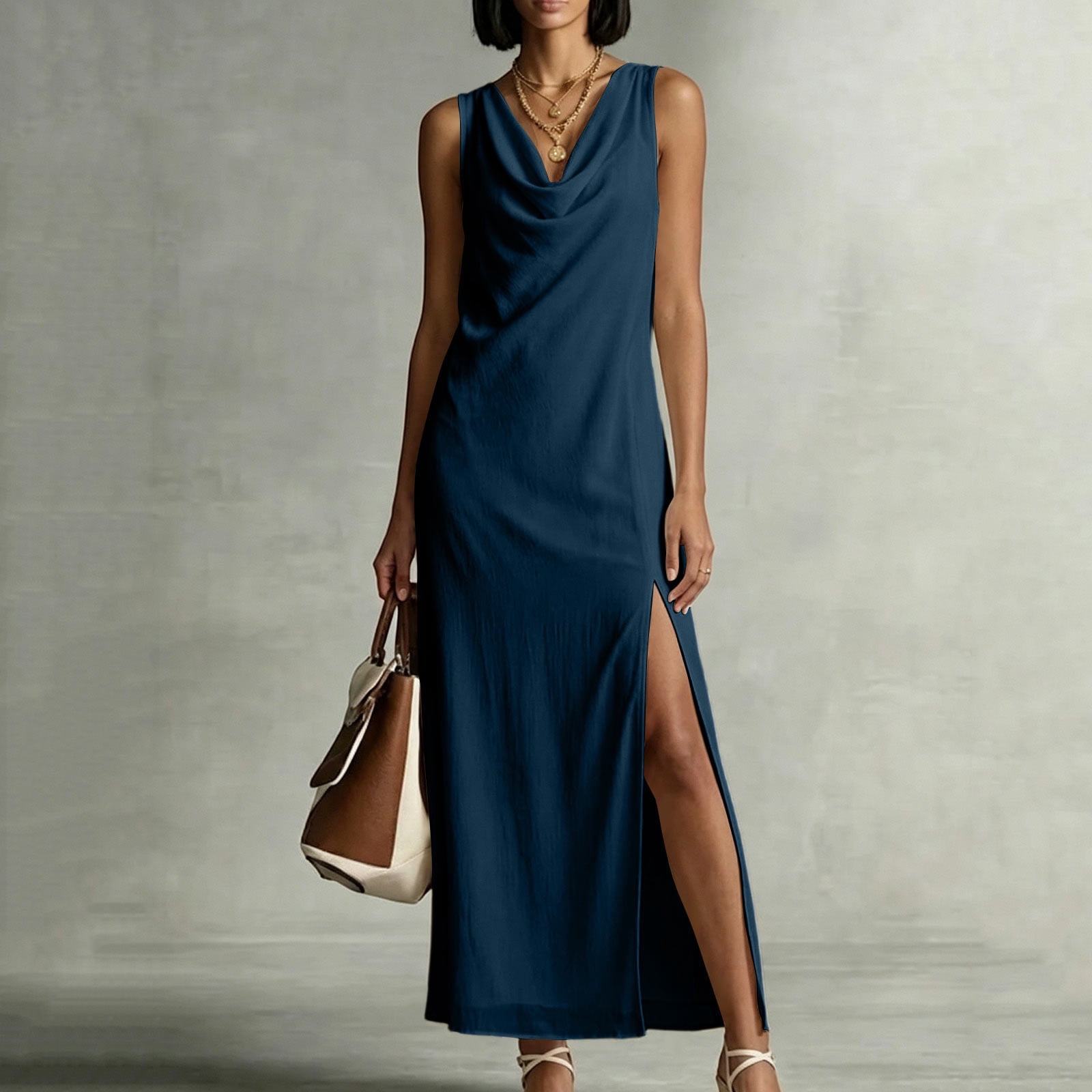drape dress casual outfit Women's Dress Sleeveless Draped Neck Ladies Casual Fashion Irregular Collar  Solid Color Dress Black M