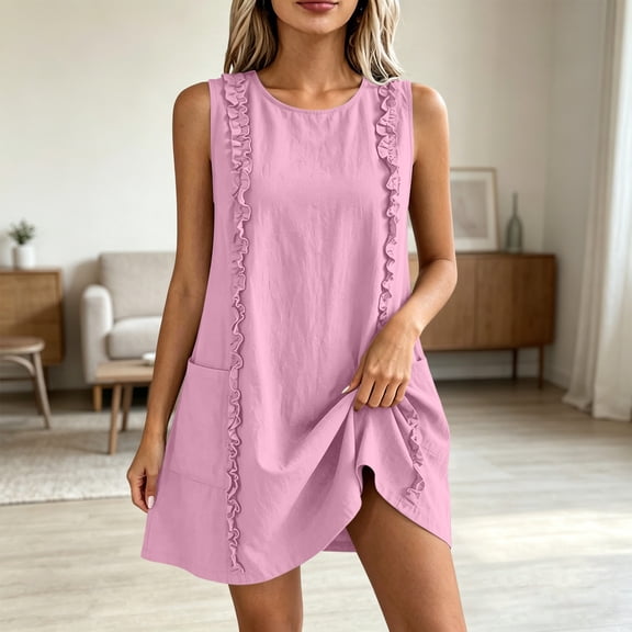 Women's Dress Sleeveless Round Neck Women Ruffle Pocketed Solid Color Mini Straight Dress Pink M