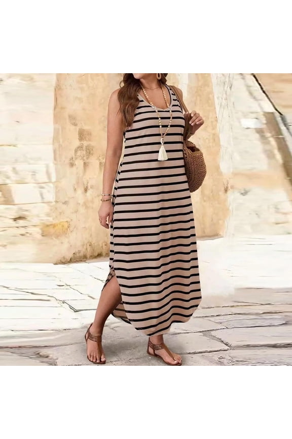 Women's Dress Sleeveless V-Neck Striped Maxi Casual Loose Curved Hem Side Split Dresses Khaki XXXXL
