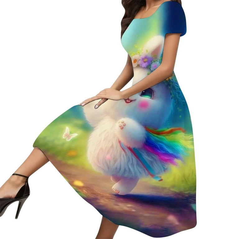 Women s Dress Spring Fashion And Elegant Classic Colorful Easter Egg Rabbit Theme Printed Round Neck Short Sleeve Casual Dress Long Dress Casual