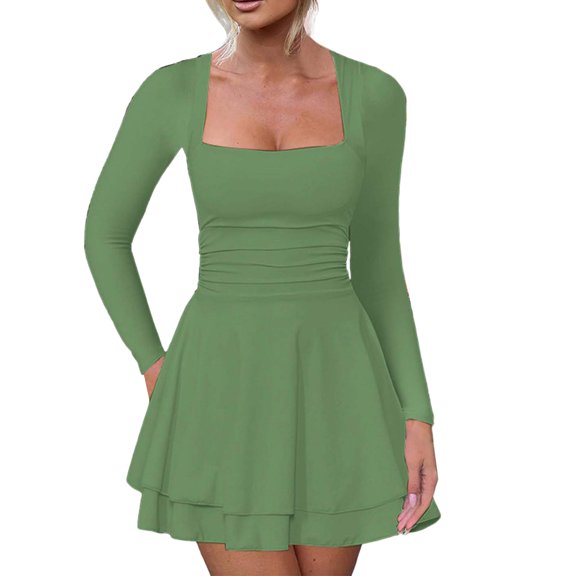 Women's Dress Square Neck Ruffle Hem Mini Long Sleeve Ruched Waist Corset Party Sexy