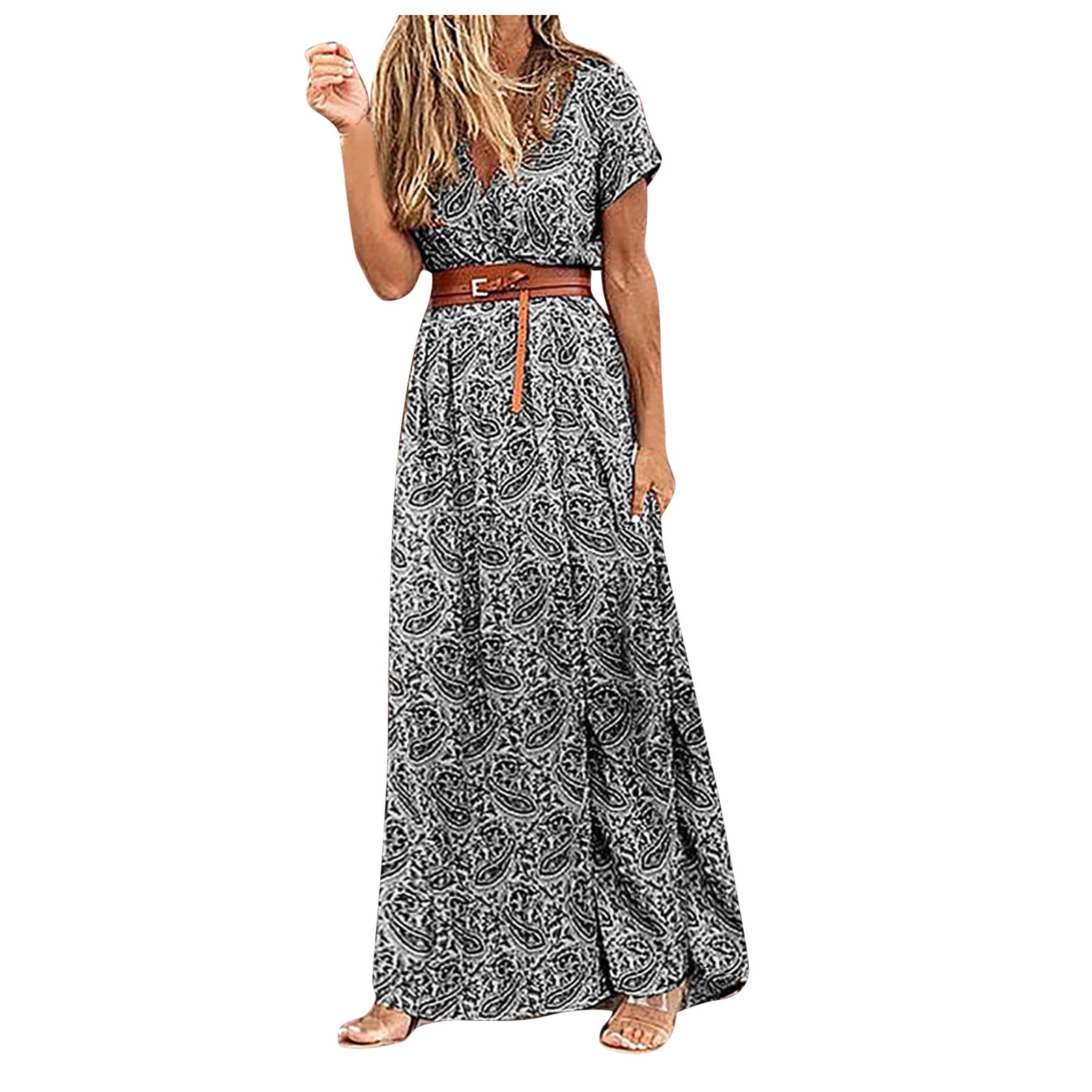 Women's Dress Style Printed Waist V Neck Dress Skirt Bohemian Long ...