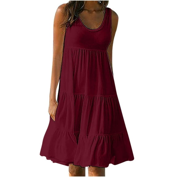 Women's Dress Summer Casual Sleeveless Scoop Neck Beach Sundress Loose Fit Plain High Waist Knee Length Tank Dress Soft Comfy Solid Color Tiered Flowy Dress S-5XL