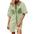 thumbnail image 1 of Women's Dress Summer Casual V Neck Short Sleeve Button Striped Tunic Dresses With Pockets Olive Green, 1 of 6