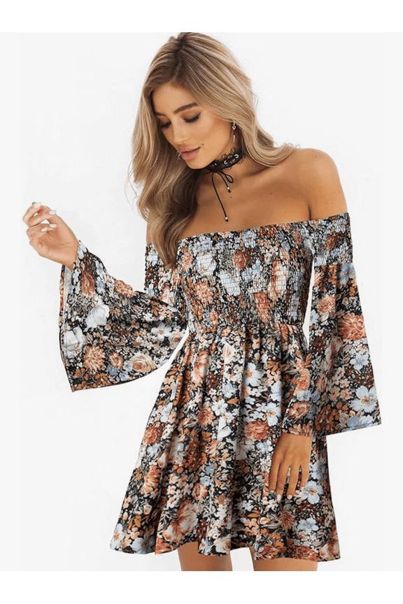 Women's Dress Summer Floral Long Sleeve Off Shoulder Casual Mini Dresses