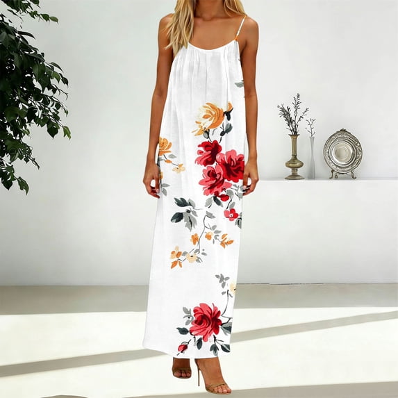 Women's Dress Summer Print Loose Casual Sleeveless Adjustable Buttoned Round Neck Gathered Long Beach Vacation Maxi Dresses White XL