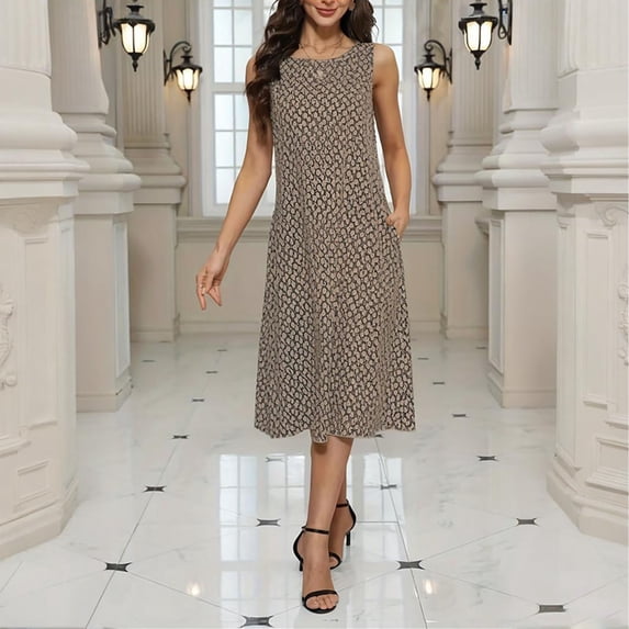 Women's Dress Summer Printed Round Neck Sleeveless Straight Dresses Khaki XXL