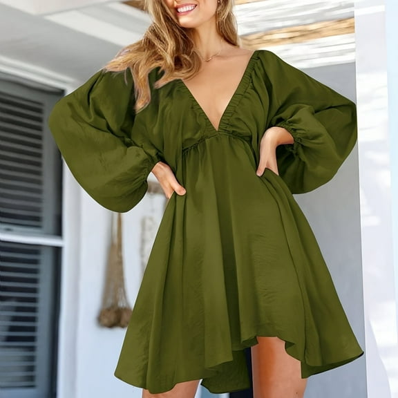 Women's Dress Summer Resort Solid Color Deep V-Neck Lantern Sleeve Open Back Dress