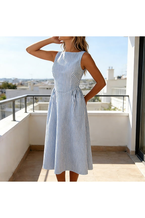 Women's Dress Summer Round Neck Sleeveless Striped Solid Color Dresses Sky Blue XS