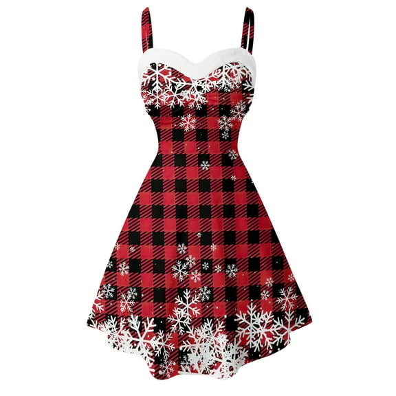 Women's Dress Vintage Christmas Sleeveless Deer Snowflake Print Off Shoulder Party Flare Swing Plaid