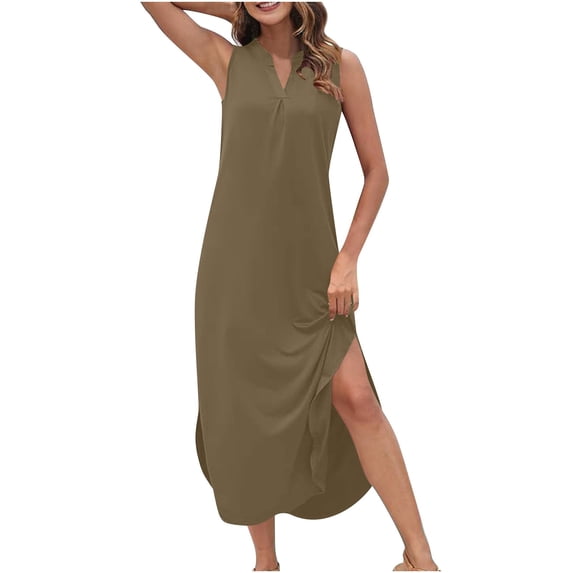 Women's Dress Women Solid Summer Dress Maxi Casual Loose Beach Sundresses V Neck Sleeveless Dresses Khaki XL