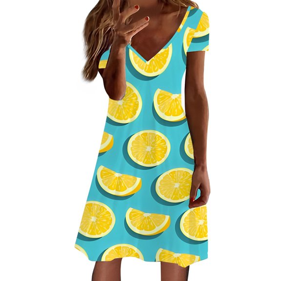 Women's Dress Women's Flower Fruit Print V Neck Short Sleeved Slim Mid Length Dress Casual Skirt Mint Green XL Skirts for Women 2024 Plus Size Skirts for Women