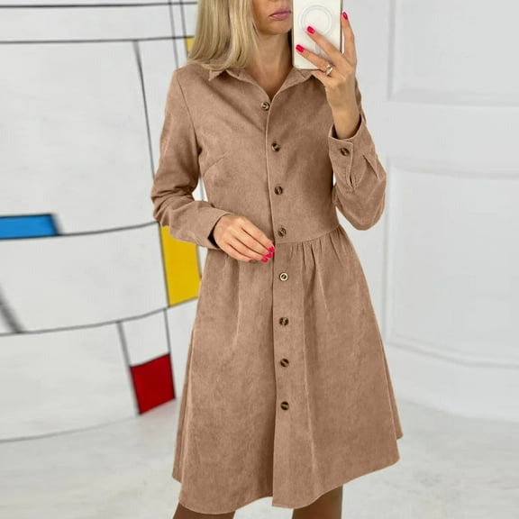 Women's Dress Women's Long Sleeved Single Shirt Corduroy Dress Long Skirt Khaki XXL