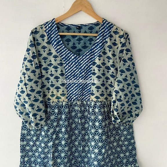Women's Dress indigo block Print Cotton Dress,Handmade Dress ,Sketer Circle Dress, Flapper Dress, Blousen Dress,Long And Short Dress
