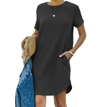 Women's Dresse Women's Fashion Summer Leisure Sports Curled Sleeves Solid Color Double Pocket Short Sleeve Dress T-shirt Skirt Women Dresses Casual