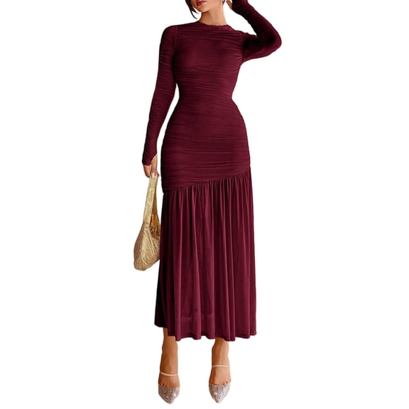 Women's Dresses All Season Elegant French Fringe Waist In Design Long Sleeve Crew Neck Lettuce Trim Anniversary Dres Formal Dresses For Women