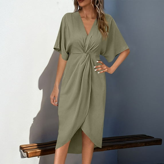 Women's Dresses Asymmetrical Hem Solid Color Short Sleeve V Neck Raglan Sleeve Casual Dress Army Green XL