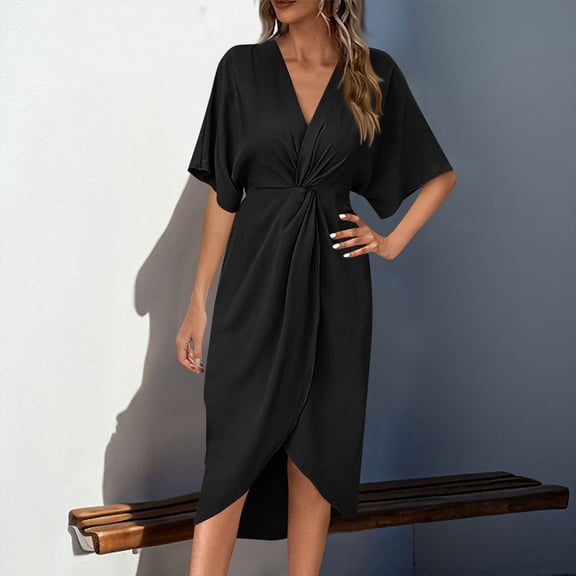 Women's Dresses Asymmetrical Hem Solid Color Short Sleeve V Neck Raglan Sleeve Casual Dress Black S