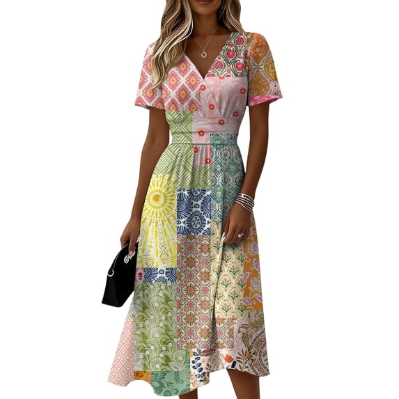 Elegant Dresses for Women V Neck Wrap Stretchy Waist Summer Sun Dress Casual Loose A-Line Knee Length Swing Dress