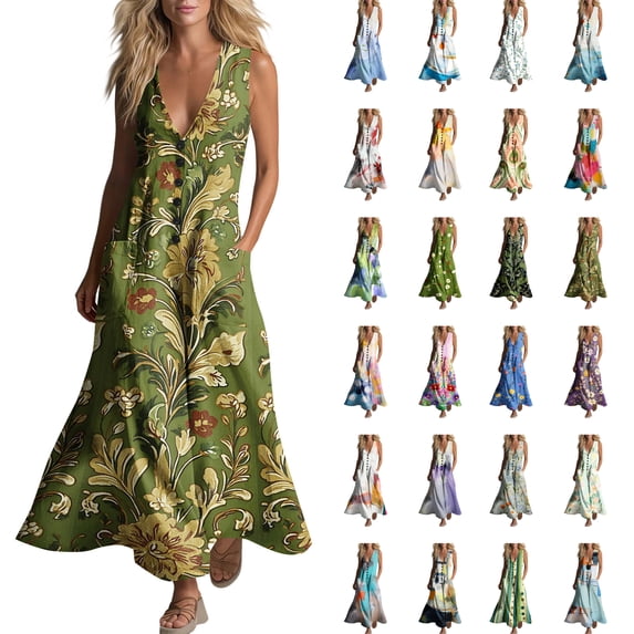 Women's Dresses Casual Printed Sleeveless Pocket Maxi Dress, Loose V‑Neck Button Down for Vacation Beach Daily Wear