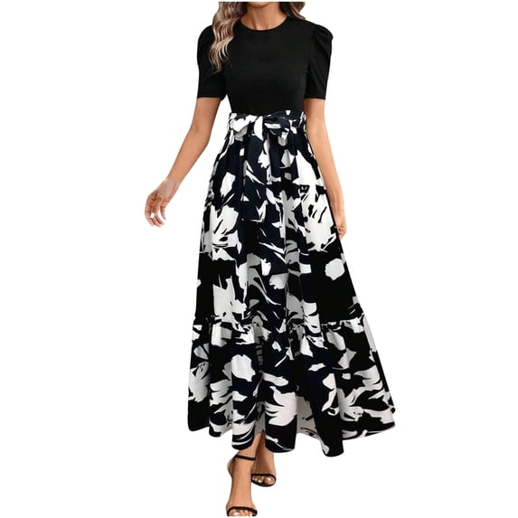 Women's Dresses Casual Round-Neck Short Sleeve Wrap Shirt Printing Floar High Waist Dress C-Black