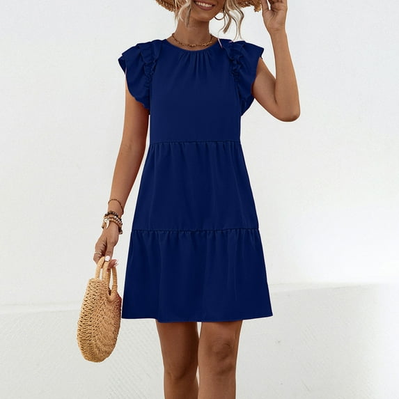 Women's Dresses Under $10 Blue Summer Casual Solid Color Fashion Printed Short Sleeve Dresses