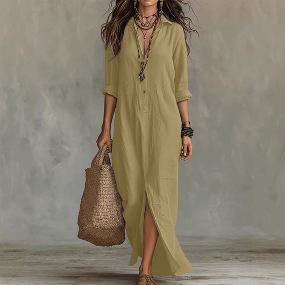 Women's Dresses Collared 3/4 Sleeve Boxy Fit Shirt Maxi Dress for Beach Vacation 02-Earthy Yellow XL