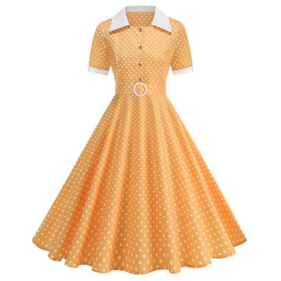Women's Dresses Fashion Printed Polka Dot Short Sleeve Turndown Collar Vintage Dress Yellow XXL