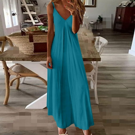 Women's Dresses Fashion Women's Summer Casual V-Neck Camis Sleeveless Solid Beach Sundresses Boho Dresses Sky Blue L