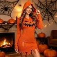 thumbnail image 1 of Women's Dresses – Halloween Pumpkin Print Knit Hooded Bodycon Gown – Fall Festivals Casual Wear Clothing (S-L), 1 of 4