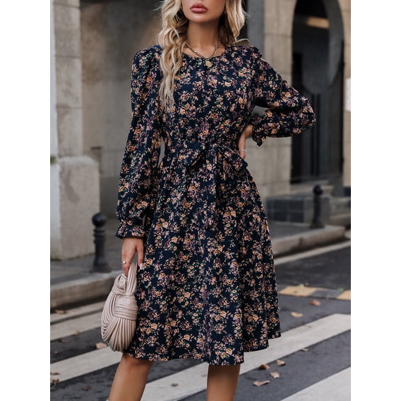 Women's Dresses Long Sleeve Flowy Floral Casual Midi Dresses,Navy M