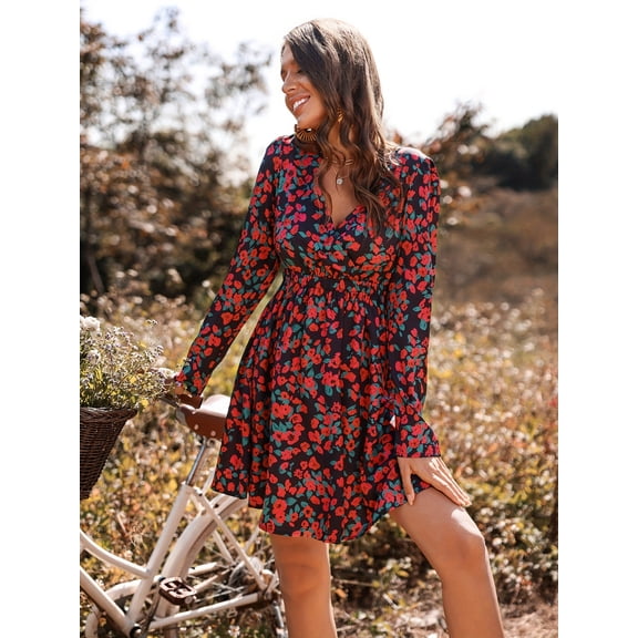 Women's Dresses Long Sleeve Flowy Floral Casual Midi Dresses,Red M