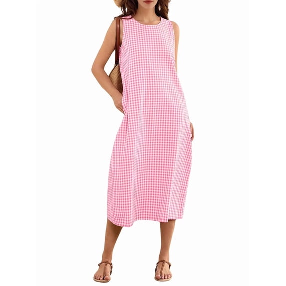 Women's Dresses Long Sundresses Plaid Striped Pockets Maxi Dress for Summer Casual Beach Vacation Pink XL