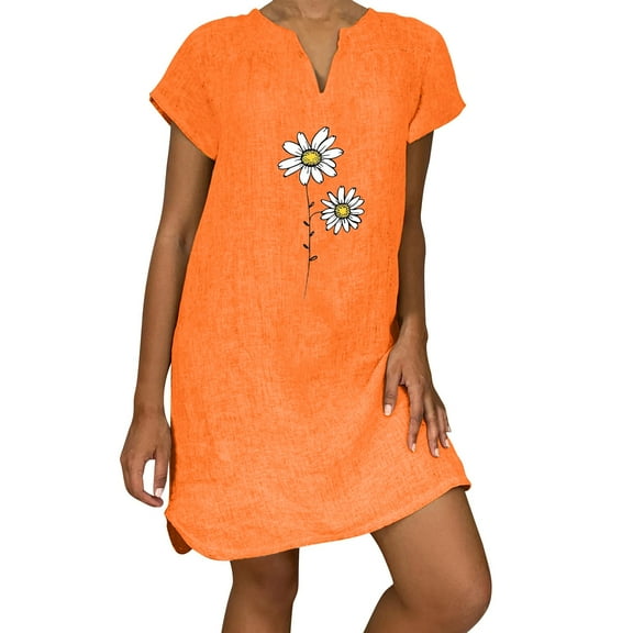 Women's Dresses Loose Leisure Solid Color V Neck Short Sleeve Summer Dresses A-Orange