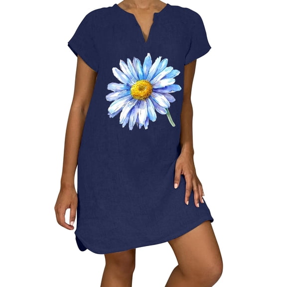 Women's Dresses Loose Leisure Solid Color V Neck Short Sleeve Summer Dresses C-Navy