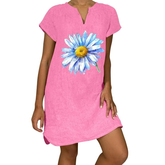 Women's Dresses Loose Leisure Solid Color V Neck Short Sleeve Summer Dresses C-Pink