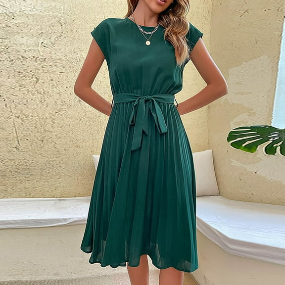Women's Dresses On Summer Casual Sexy Fashion Summer Short Sleeve Round Neck Solid Color Pleated Dress