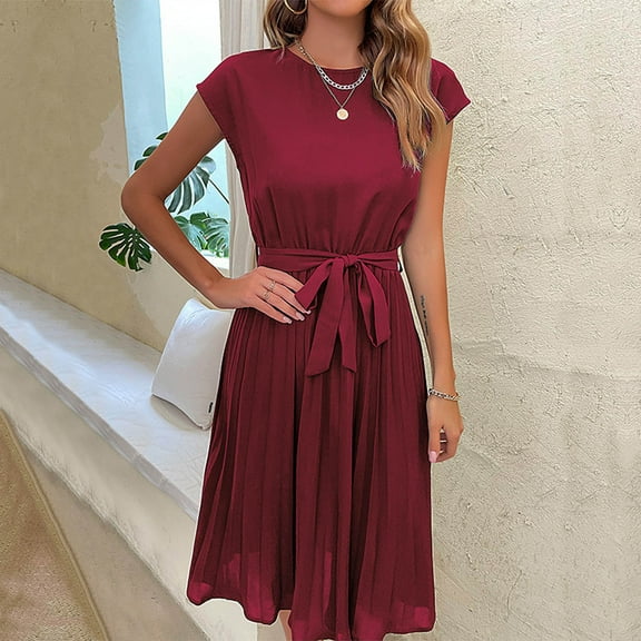 Women's Dresses On Summer Casual Sexy Fashion Summer Short Sleeve Round Neck Solid Color Pleated Dress