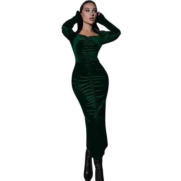 Women's Dresses Pleated Solid Long Sleeve Elegant Square Neck Velvet Ruched Dress Maxi Dresses Green 3XL