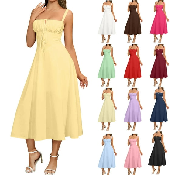 Women's Dresses Plus Size Sleeveless Square Neck Spaghetti Strap Tie Front Camisole Dress Summer Long Flowy Beach Sundresses Hot Pink XL