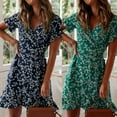 thumbnail image 1 of Women's Dresses Sexy V Neck Floral Beach Dress Ruffle Short Sleeve A Line Mini Dress, 1 of 2