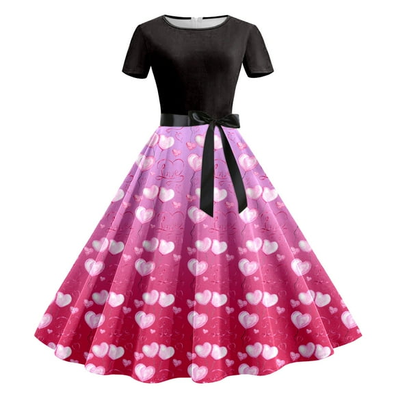 Women's Dresses Short Sleeve U Neck Valentine Print Audrey Hepburn Style Dress Casual Chic Outfits Womens Dresses Fall Yellow M