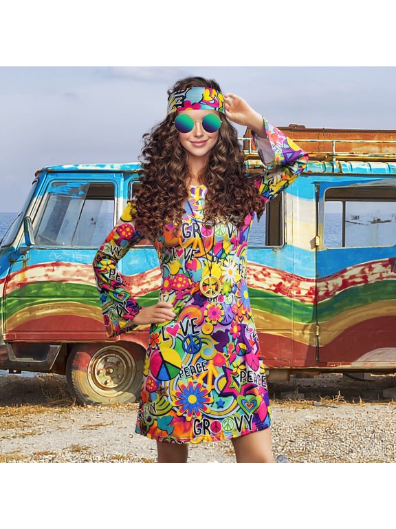 Women's Dresses – Sixties Style Hippie Print Swing Frock – Theme Parties Dance Nights Clothing (S-2XL)
