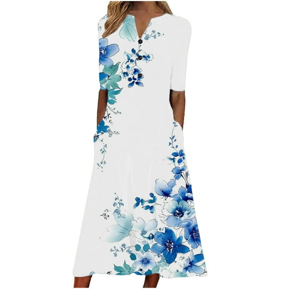 Women's Dresses Solid Color Loose Casual Printed Short Sleeved V-Neck Mid Calf Dress V-Neck Dress D-Multicolor