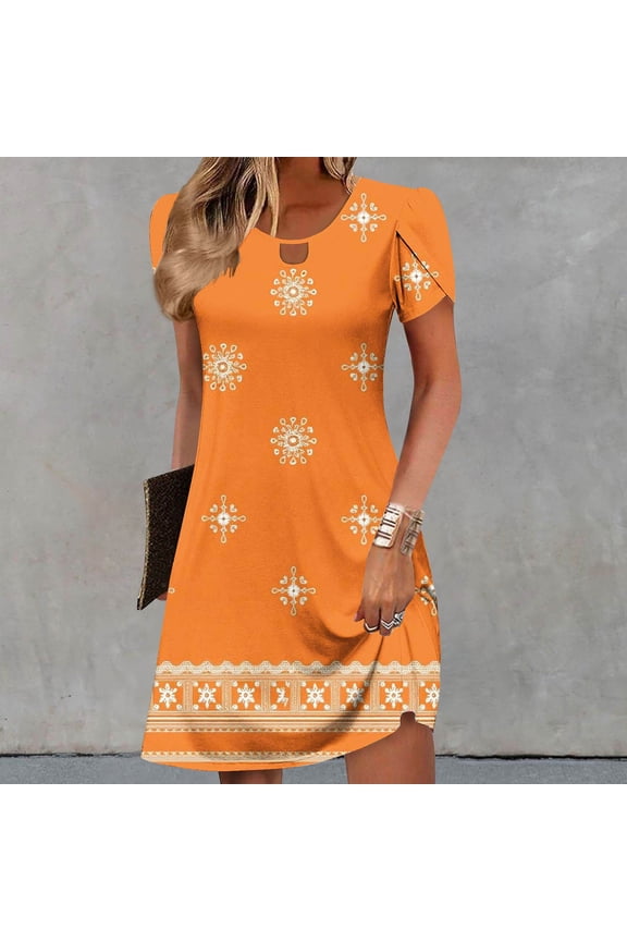 Women's Dresses Summer Casual Leaf Sleeves Hollow Neckline Long Skirt Fashionable Loose Casual Dress Orange XXL