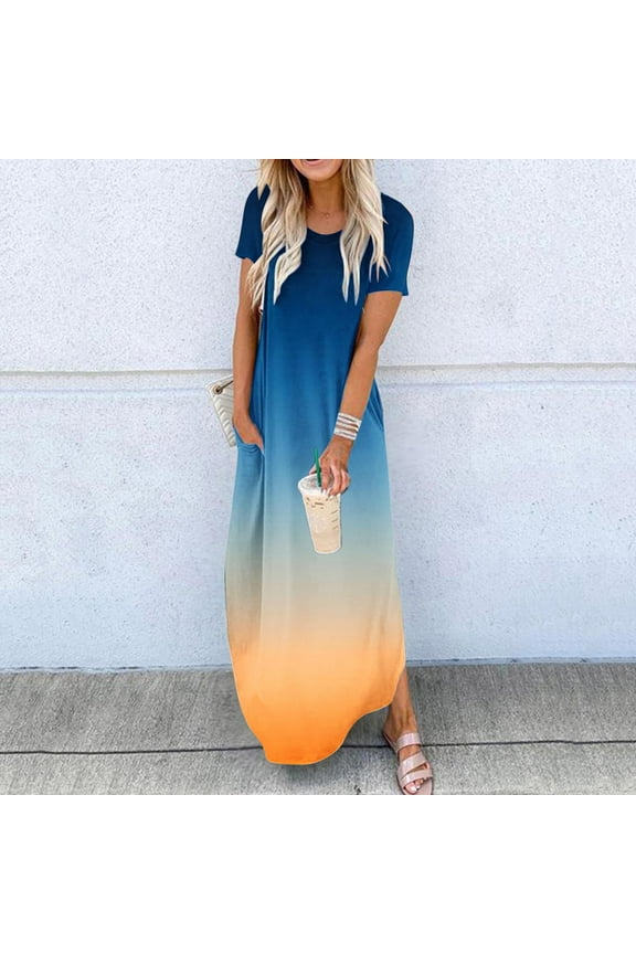 Women's Dresses Summer Casual Rounk Neck Short Sleeve Pockets Printing Long Dress Work Dresses Renaissance Ball Gown Costumes Milkmaid Dresses